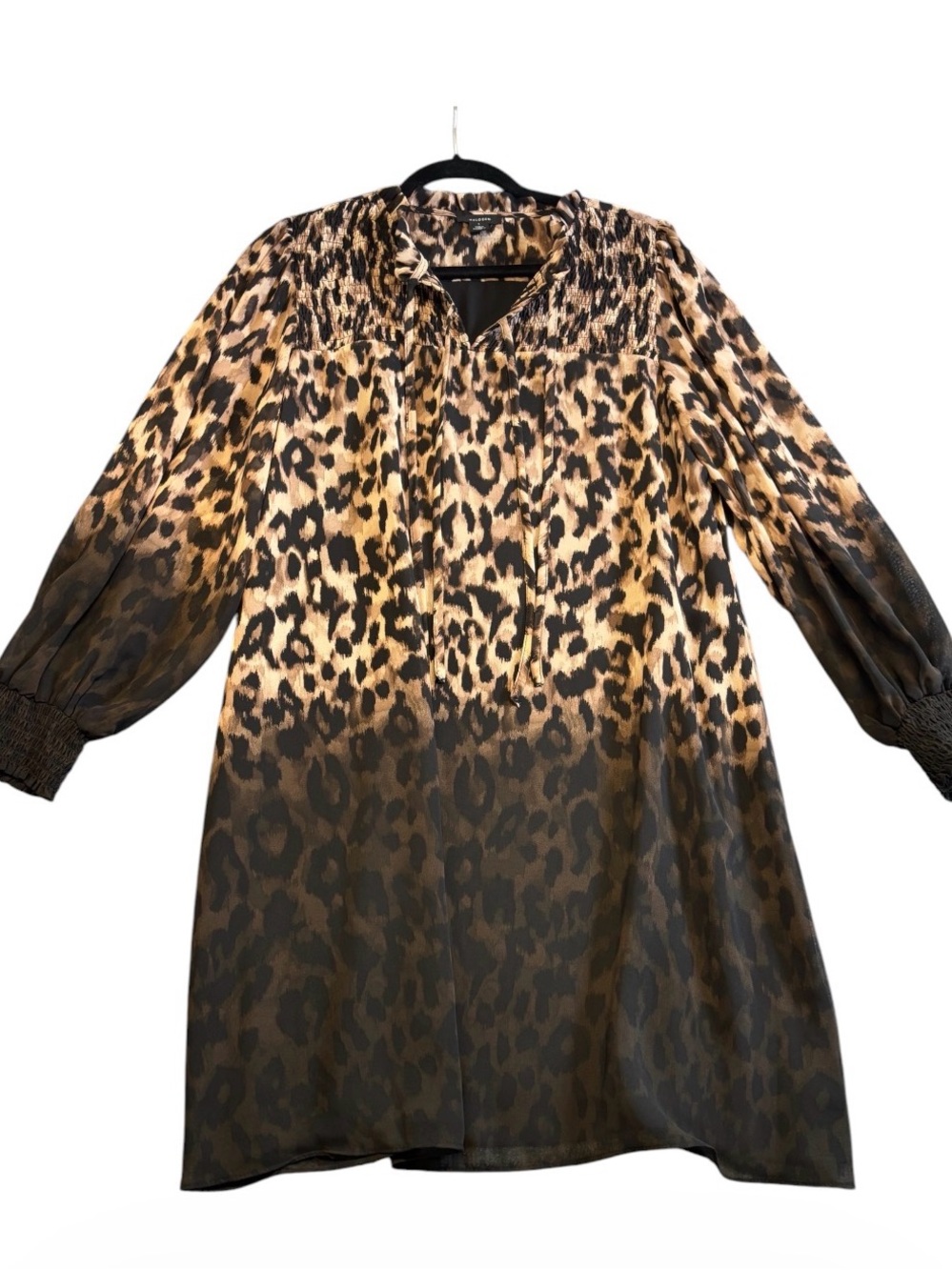 Halogen Leopard Ombre Smock Mini Dress Brown Animal Print Long Sleeve L EUC